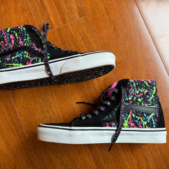 VANS Sk8 Hi Black Pink Neon Paint Splatter Skate Shoes Womens 9 Mens 7.5 Mid. - Picture 2 of 9